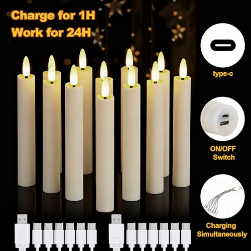 Rechargeable Flameless Taper Candles with Remote & Timer Set - Ivory, 12 Pieces