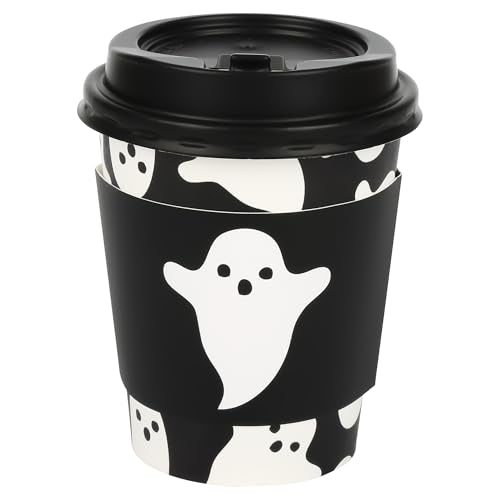 Halloween Ghost Disposable Coffee Cups with Lids & Sleeves - Black Ghosts