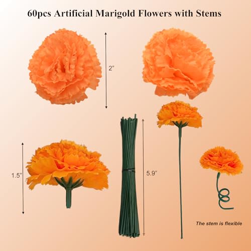 Artificial Marigold Flower Heads with Stems and Floral Wire - 60PCS