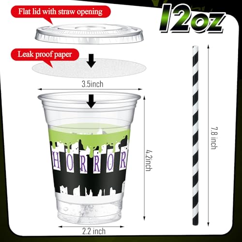 Halloween Cups with Lids & Straws - Horror / Black - 50 Pack, 12 oz