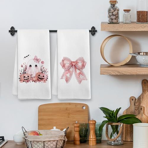 Pink Ghost Halloween Kitchen Towels & Dishcloths Set of 2 - Cute Fall Home Decor