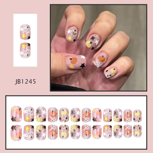 Sevgob Halloween Press On Nails Short Square Pink with Pumpkin Ghost Designs - Reusable 24Pcs
