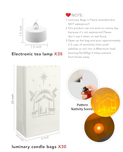 30 Pack Flameless LED Luminary Bags with Candles for Halloween Christmas Party Decoration - Nativity Variation