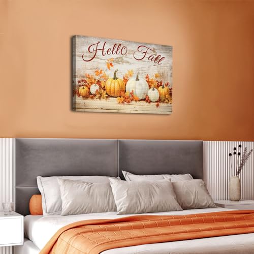 Hello Fall Rustic Pumpkin Wall Art - 36x24 Farmhouse Autumn Canvas Decor