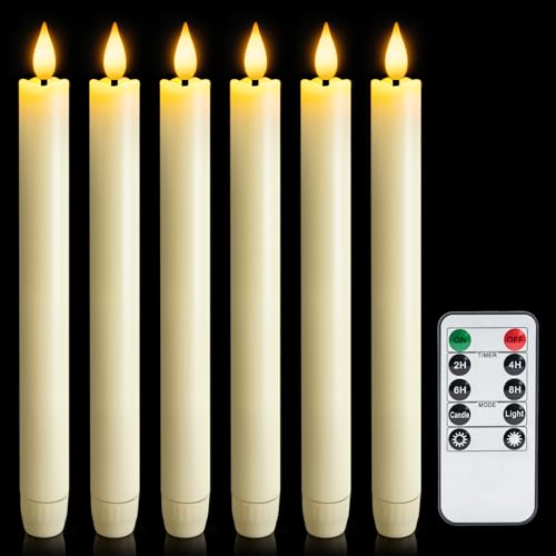 Meigic Ivory 6-Piece Flameless Taper Candles with Remote Timer & Dimmer - 9.6 Inch LED Battery Candlesticks for Indoor Home & Wedding Decor