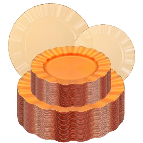 Clear Orange Plastic Plates Set with Gold Rim - 60 Pcs Disposable Dinner & Dessert Plates, Elegant Wave Design, Reusable for Parties & Weddings