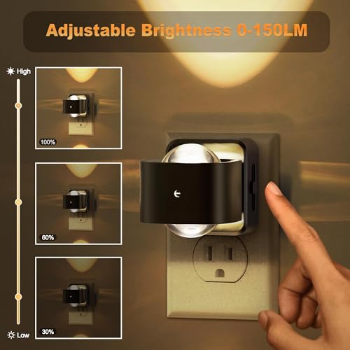 Super Bright Automatic Night Light 0-150LM Dimmable Wall Plug-In with 3000K Lens - 2 Pack