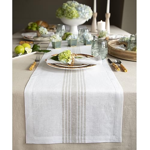 Solino Home 100% Linen Table Runner - Natural & White Stripe, 14 x 132 inches
