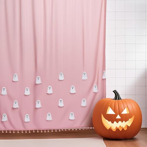 Halloween Ghost Shower Curtain Pink and White Cotton Embroidery - Cute & Spooky