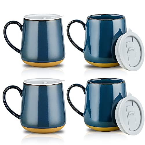 Farmhouse Ceramic Mug Set of 4 - 17oz Blue with Lid, Large Handle for Coffee & Tea
