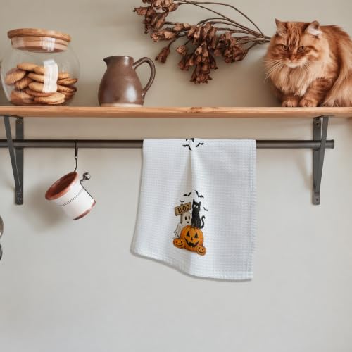 Halloween Kitchen Dish Towel Black Cat Pumpkin Ghost Waffle Weave Hand Towel - A23