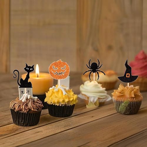 Halloween Cupcake Toppers 24PCS Ghost Pumpkin Cat Witch Cap Spider - Colorful