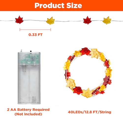Fall Decorations for Home 12.8FT 40 LED Maple Leaf String Lights - Battery Operated with Timer
