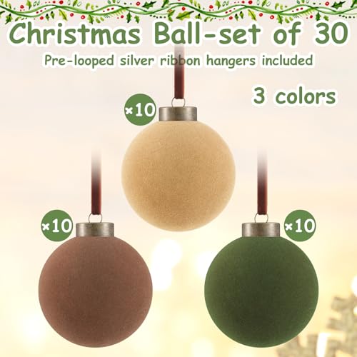 Velvet Christmas Ball Ornaments Set - 30pcs 3.15 Inch Flocked Holiday Decor - Green, Brown, Beige