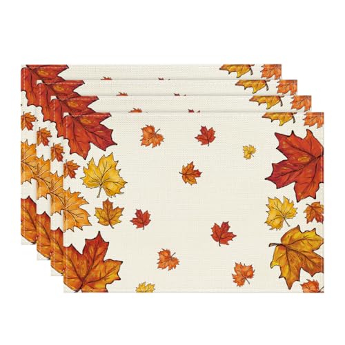Set of 4 Fall Maple Leaf Placemats - 12 x 18 Inches, Durable Polyester