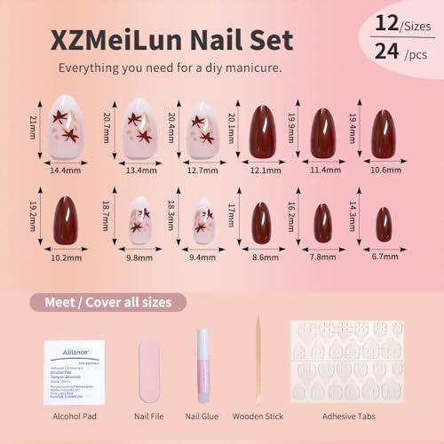 24 Pieces Short Almond Press On Nails with Maple Leaf Design - Reusable Gel Stickers for Autumn Fashion