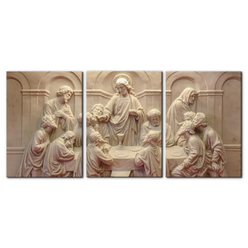 3 Pieces Canvas Wall Art The Last Supper Sculpture Style Paintings - 20" x 28" x 3 Panels, Ready to Hang - Variation of Wallart-09