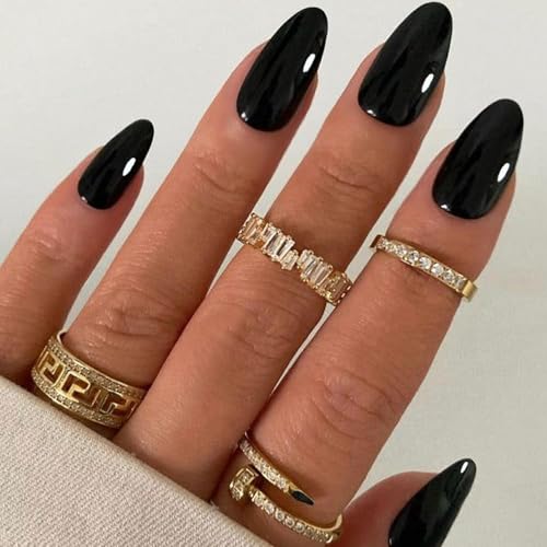 Black Obsidian Press-On Nails Medium Almond Stiletto Fake Nails, Gel Shine