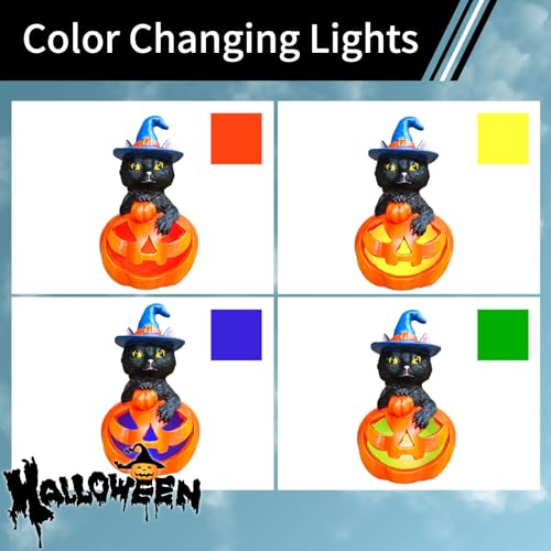 Black Cat Halloween Garden Statue with Solar Pumpkin Lights - Outdoor Decor