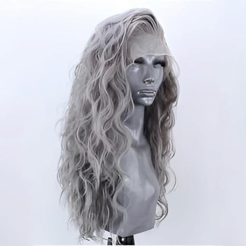 Silver Grey Long Curly Synthetic Lace Front Wigs for Women Free Part Pre Plucked Natural Hairline Lace Front Synthetic Cosplay Wigs Glueless Daily Wear Costume Wig 24 Inches
