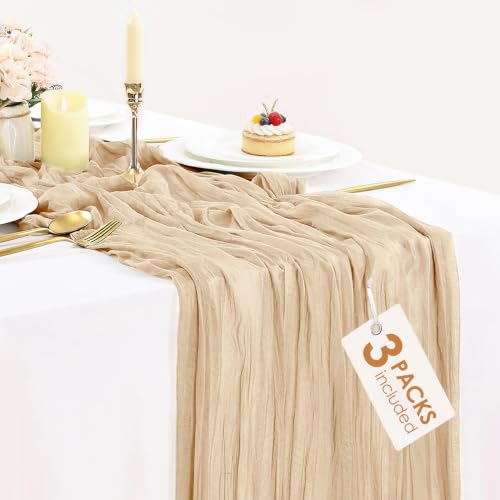 Champagne Gold Boho Cheesecloth Table Runner 10ft 3pcs for Wedding Party