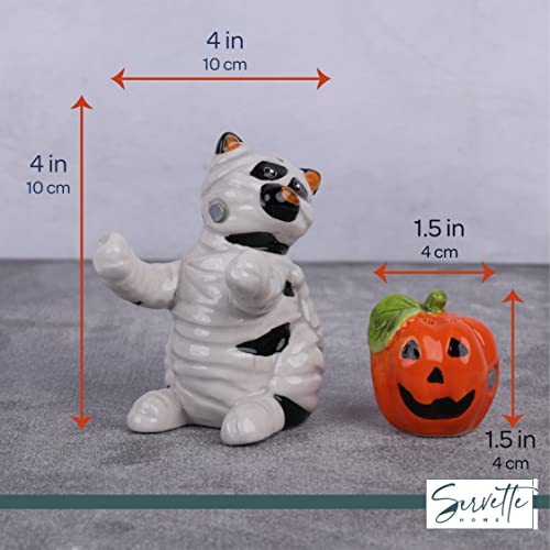 Salt and Pepper Shaker Set - Mummy Cat with Pumpkin Halloween Table Accessory