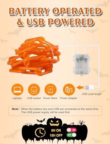 Halloween Chain Lights - 10.4 Ft 175 LED Orange String Lights with Battery & USB - IP65 Waterproof