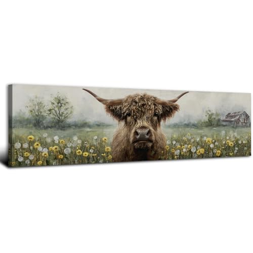 48 Inch Highland Cow Farmhouse Wall Art - Rustic Dandelion Scene for Living Room