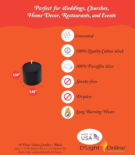 Black Unscented Votive Candles - 10 Hour Burn Time, Set of 72 - Halloween, Weddings, Home Decor