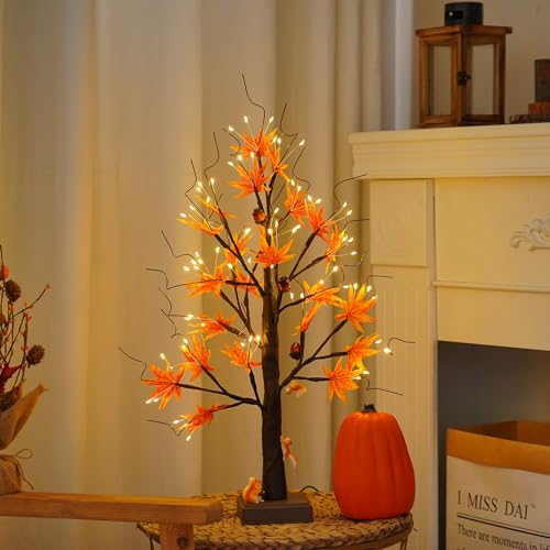 2ft Artificial Fall Maple Tree with 72 LED Lights - Warm White, Battery & USB Powered