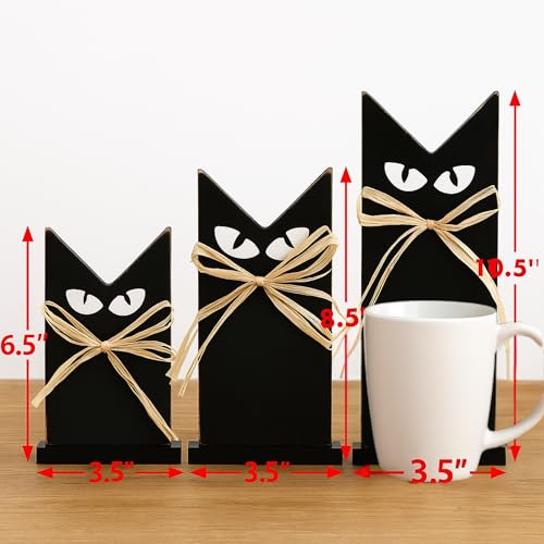Halloween Rustic Wooden Black Cat Decorations Set - 3 Black Cats for Tabletop Shelf Mantel - Fall Party Decor