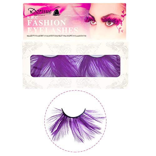 Purple Feather Dramatic Halloween False Eyelashes - Cat Eye Style, Extra Long, Festival Costume