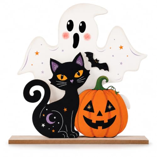 Halloween Wooden Decor Set - Ghost, Black Cat & Pumpkin Farmhouse Table Centerpieces
