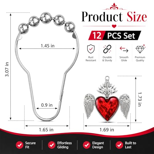 Halloween Shower Curtain Hooks - Gothic Red Heart with Wing, 12 Pack