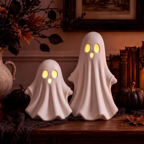 White Halloween Ghost Figurines Set of 2 - Terracotta Spooky Decor