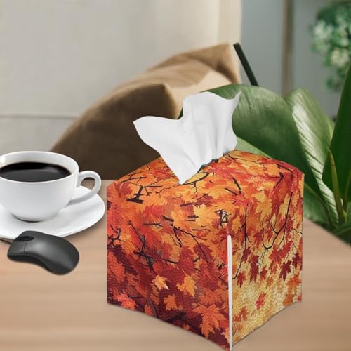 Fall Maple Leaf Leather Tissue Box Cover for Living Room & Bathroom - Easy to Install, Washable