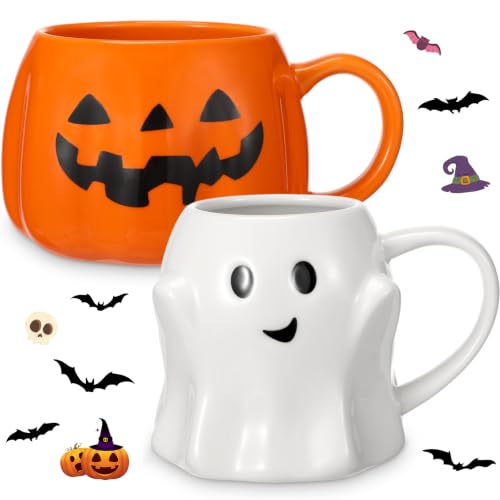 Halloween Pumpkin & Ghost Ceramic Mug Set - 14oz Cute Coffee Cups - Variation 2