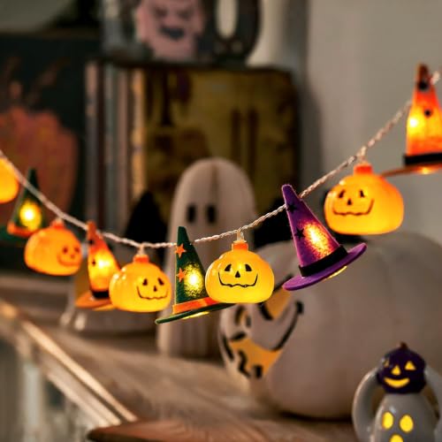 Halloween String Lights with Pumpkin & Witch Hat Decor - 9.8FT, 20 LEDs, Battery Operated, Two Modes - Pumpkin Witch Hat Lights