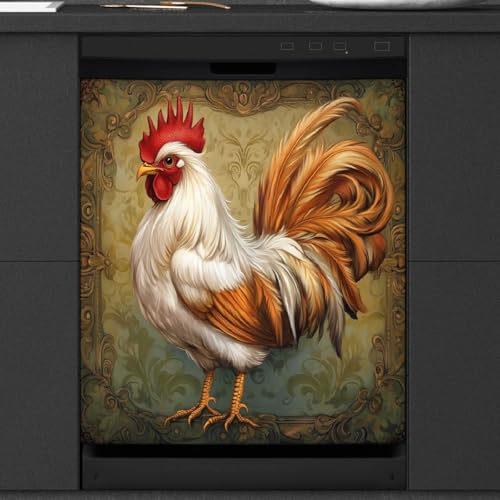 Rooster Flower Ethnic Dishwasher Magnet Cover A04 - Magnetic Fridge Decor 23x26 inches