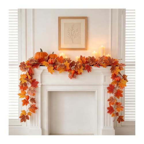 Artificial Fall Garland with Pumpkins & Maple Leaves - 5.2 Ft Orange-1