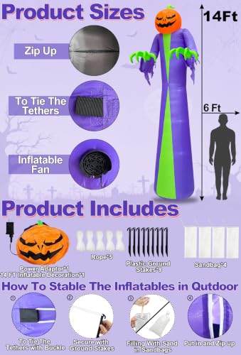 14 Ft Giant Halloween Inflatable Pumpkin with LED Lights for Outdoor Yard Decor