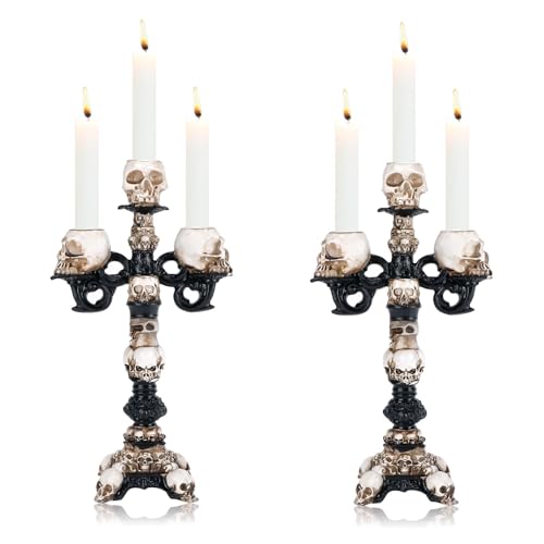 2pcs Gothic Skull Candle Holders for Halloween Decoration, Resin Skeleton Candlesticks