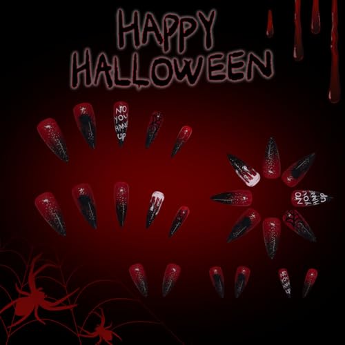 Halloween Press-On Nails Long Stiletto with Spider Web Glitter Design - Style D23, Red Black Ombre, Reusable Fake Nails, 24 Pieces