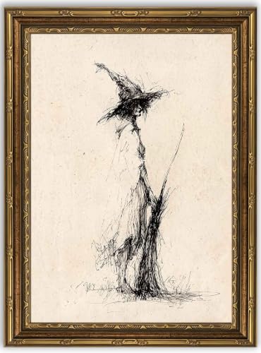 Line Witch Canvas Wall Art - Gold Framed Gothic Halloween Decor - 16x12 inches