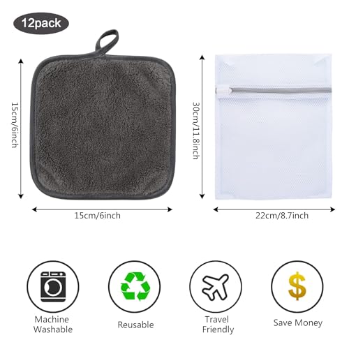 Dark Grey Reusable Microfiber Makeup Remover Cloths - 12 Pack, 6x6 Inch with Mesh Bag