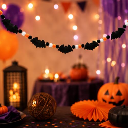 8.2ft Rustic Wood Bead Felt Bat Garland Halloween Decorations