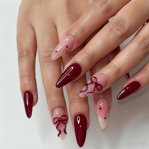 Reusable Press-On Nails Set - 6 Styles, 12 Sizes, Black & Red Bow Theme
