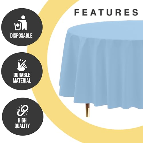 Light Blue Disposable Round Tablecloth 84 Inch 12 Pack - Thicker, Waterproof, Spillproof