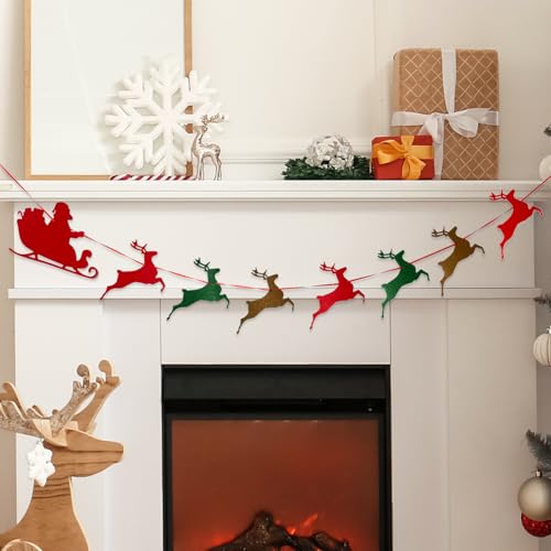 Christmas Banner Santa Sleigh and Reindeer Felt Garland Indoor Holiday Decorations