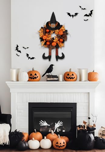 Halloween Wreath for Front Door - 16 Inch Tinsel Black Witch with Hat, Legs & Pumpkin - Orange & Black Variation